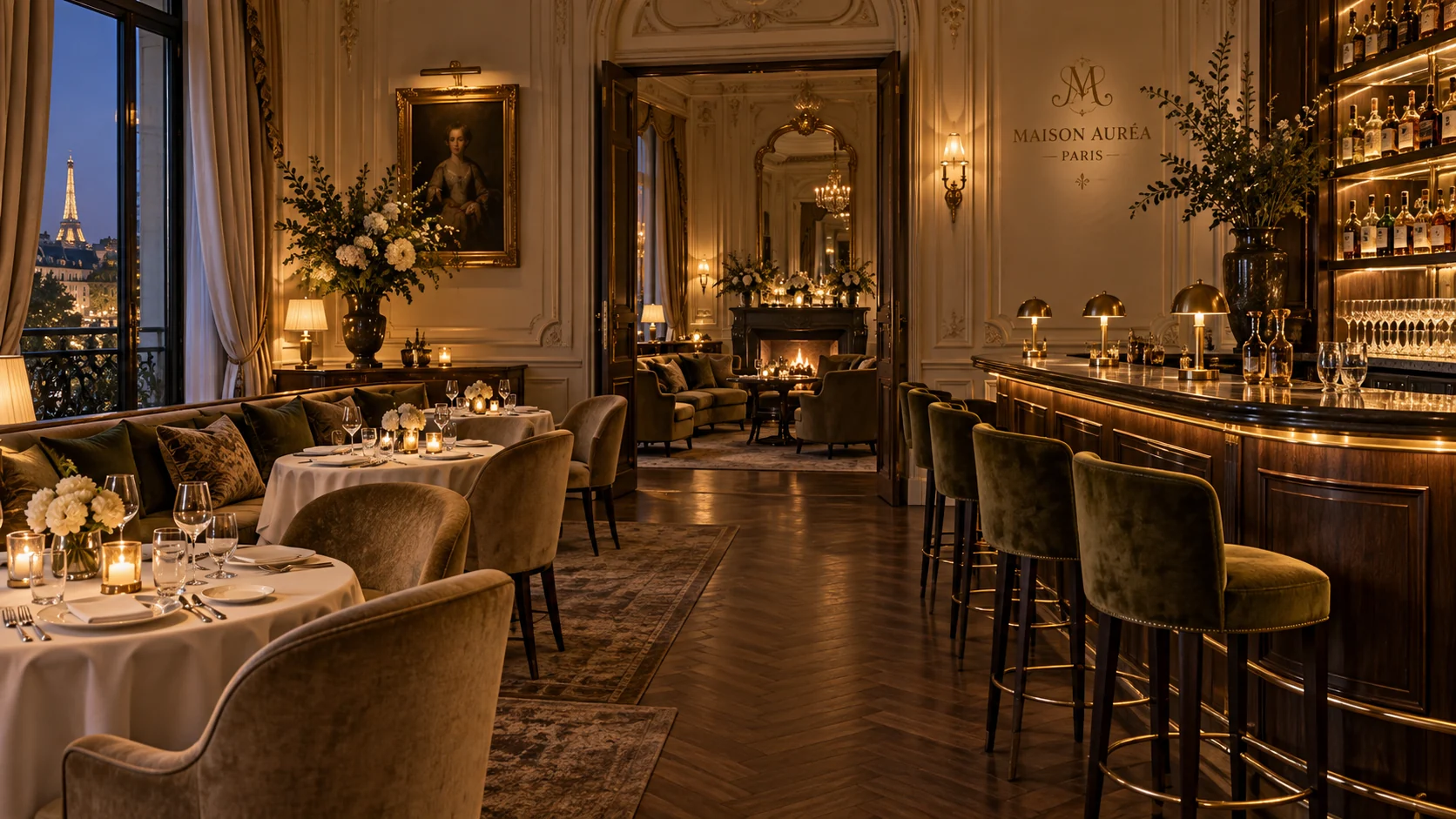 Restaurant et bar aux lumières feutrées, tables dressées et fauteuils de velours