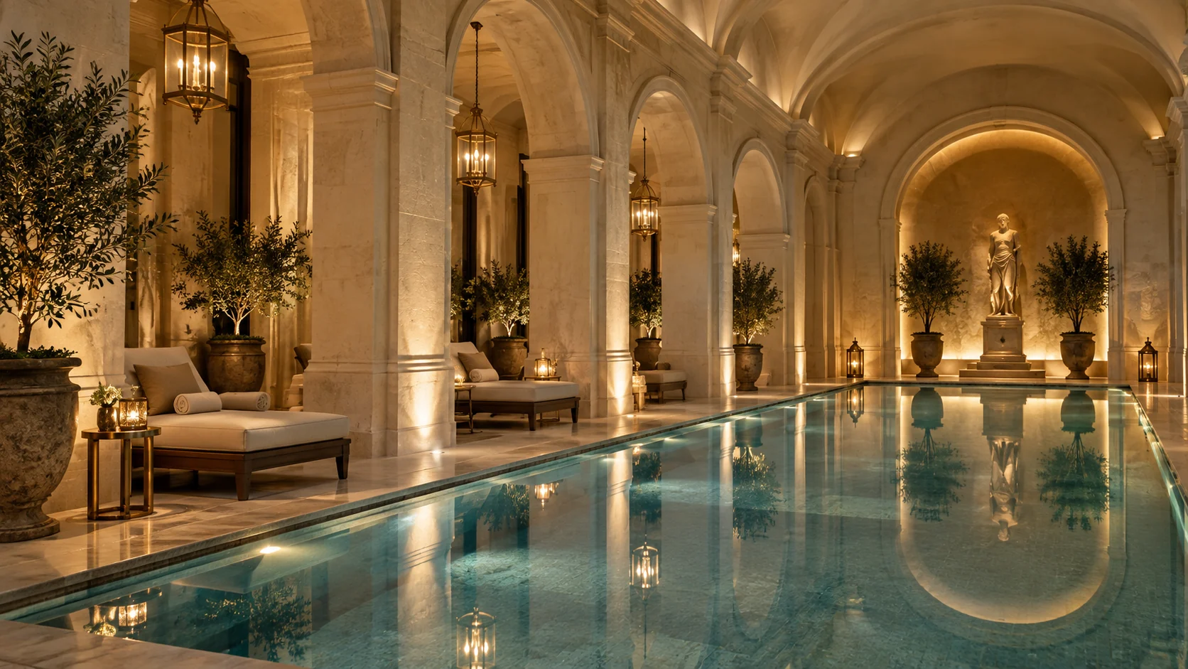 Piscine intérieure sous des arches de pierre claire, éclairée de lanternes dorées